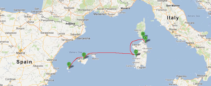 (A) Porto Rotondo (B) Cavallo Island (C) Sardinia Half way (D) Maiorca (E)Ibiza 