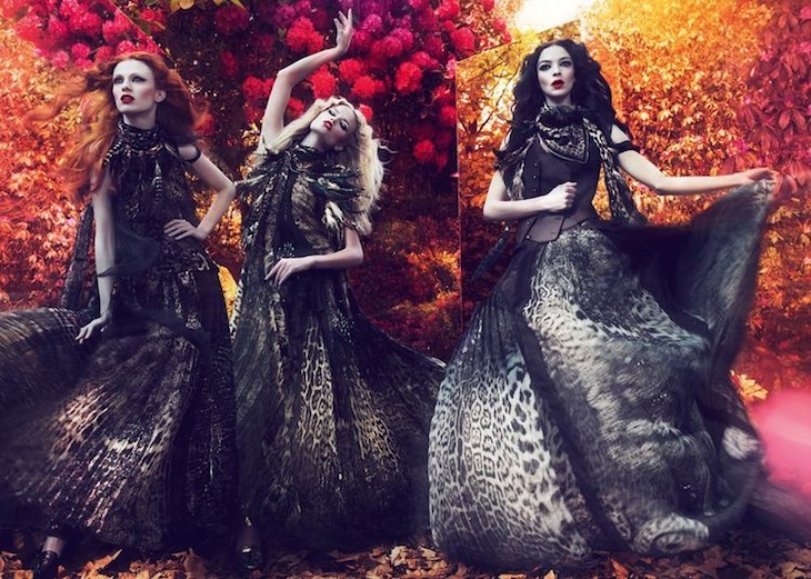 The Roberto Cavalli Fall/Winter 2011-2012 advertising campaign stars Mariacarla Boscono, Natasha Poly and Karen Elson.